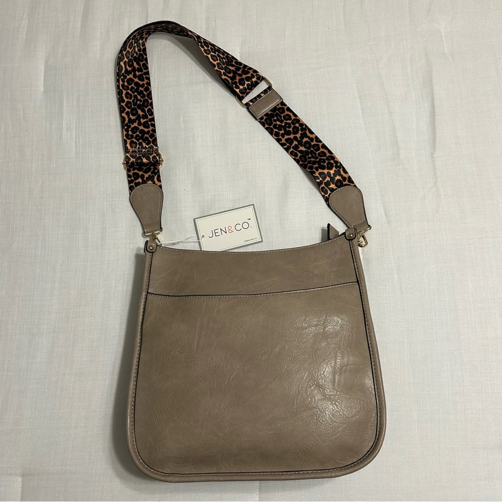 New! Jen & Co. Chloe Crossbody with Guitar Strap, Gray Vegan Leather